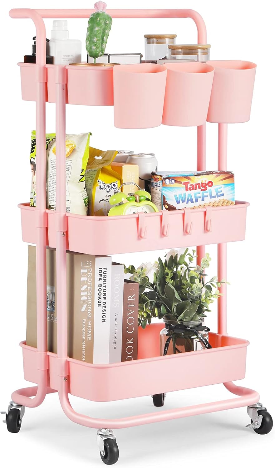 Pink 3-Tier Rolling Utility Cart with Mesh Basket and Wheels T77435