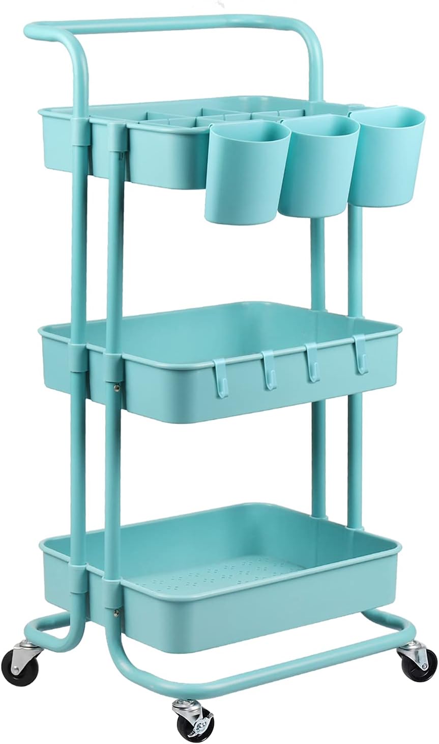 Pink 3-Tier Rolling Utility Cart with Mesh Basket and Wheels T77435