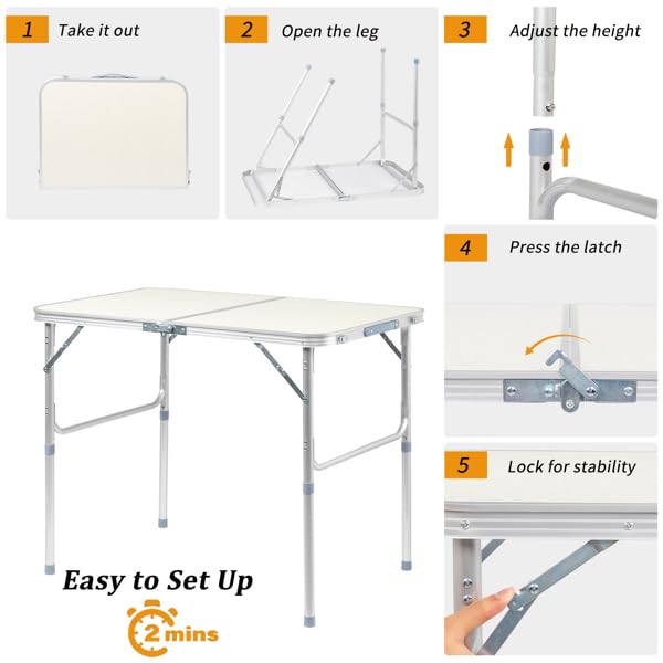 Aluminum Portable Folding Camping Table Adjustable Height White 36 x 24 inch K7014