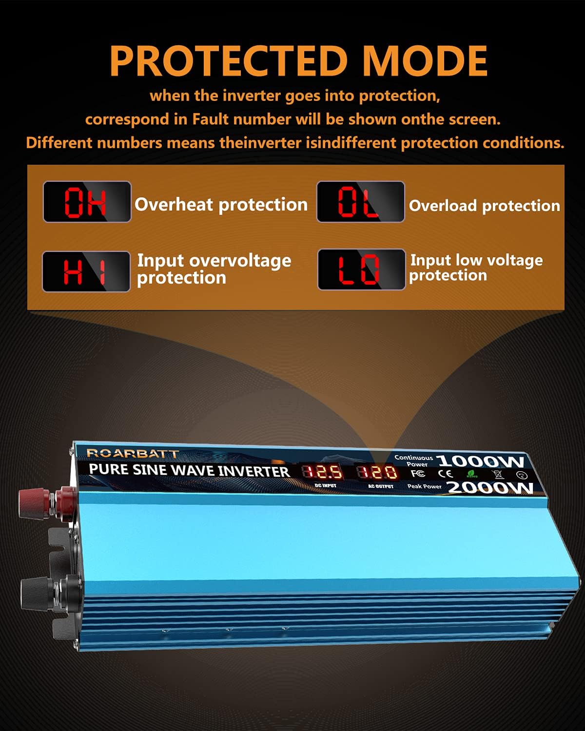Pure Sine Wave Power Inverter 1000W DC 12V to AC 110V 2 AC Outlets 3.4A USB D67844