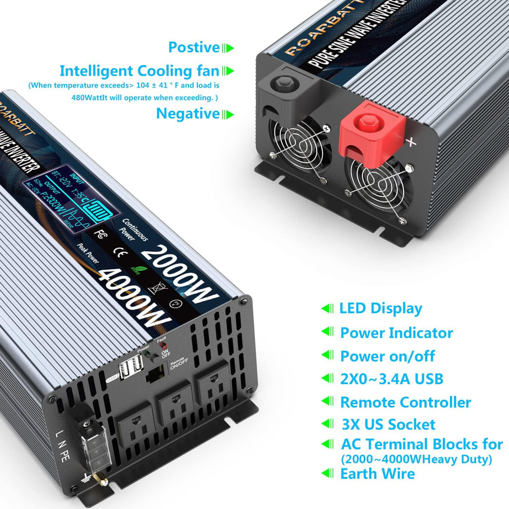 Pure Sine Wave Power Inverter 1000W DC 12V to AC 110V 2 AC Outlets 3.4A USB D67844