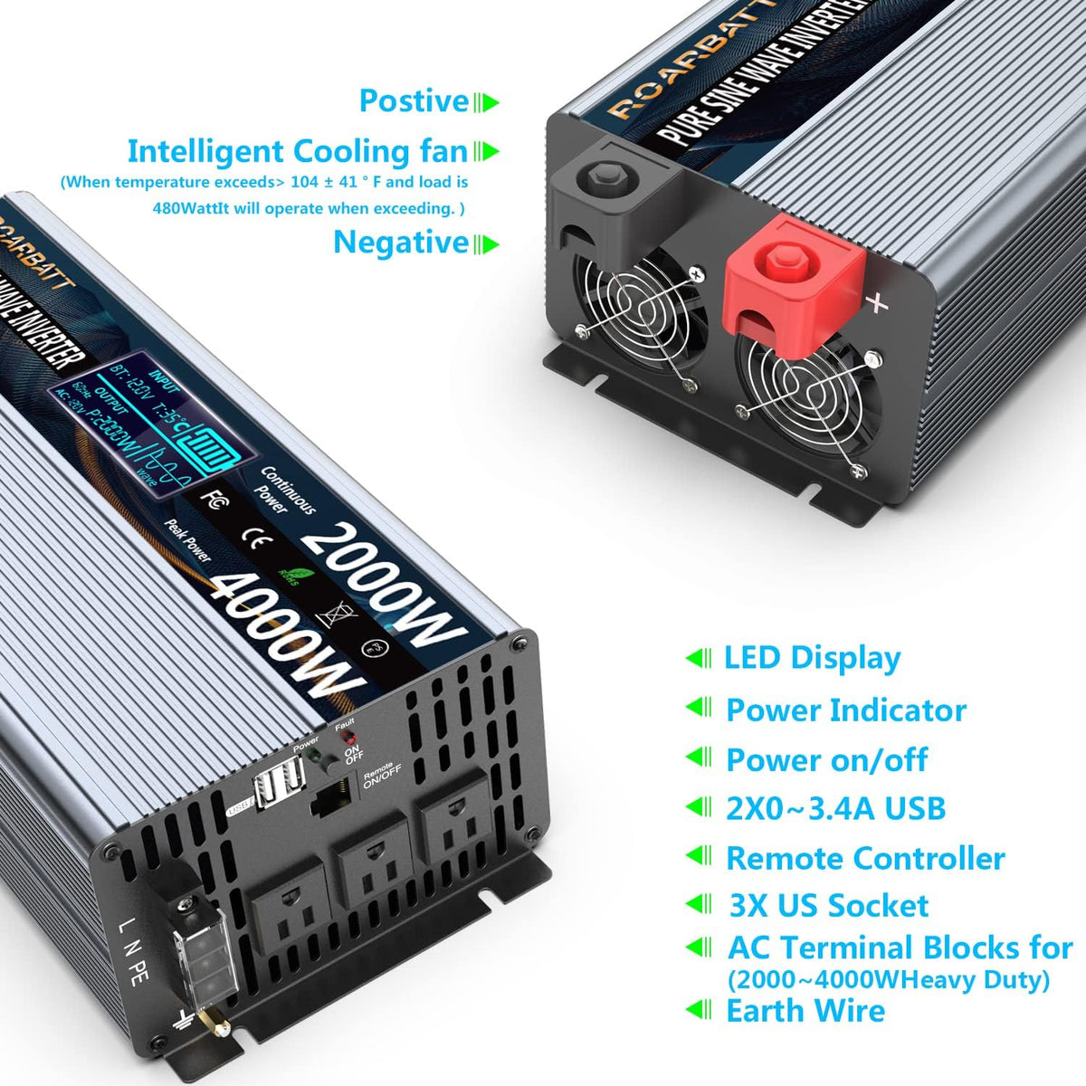 Pure Sine Wave Power Inverter 1000W DC 12V to AC 110V 2 AC Outlets 3.4A USB D67844