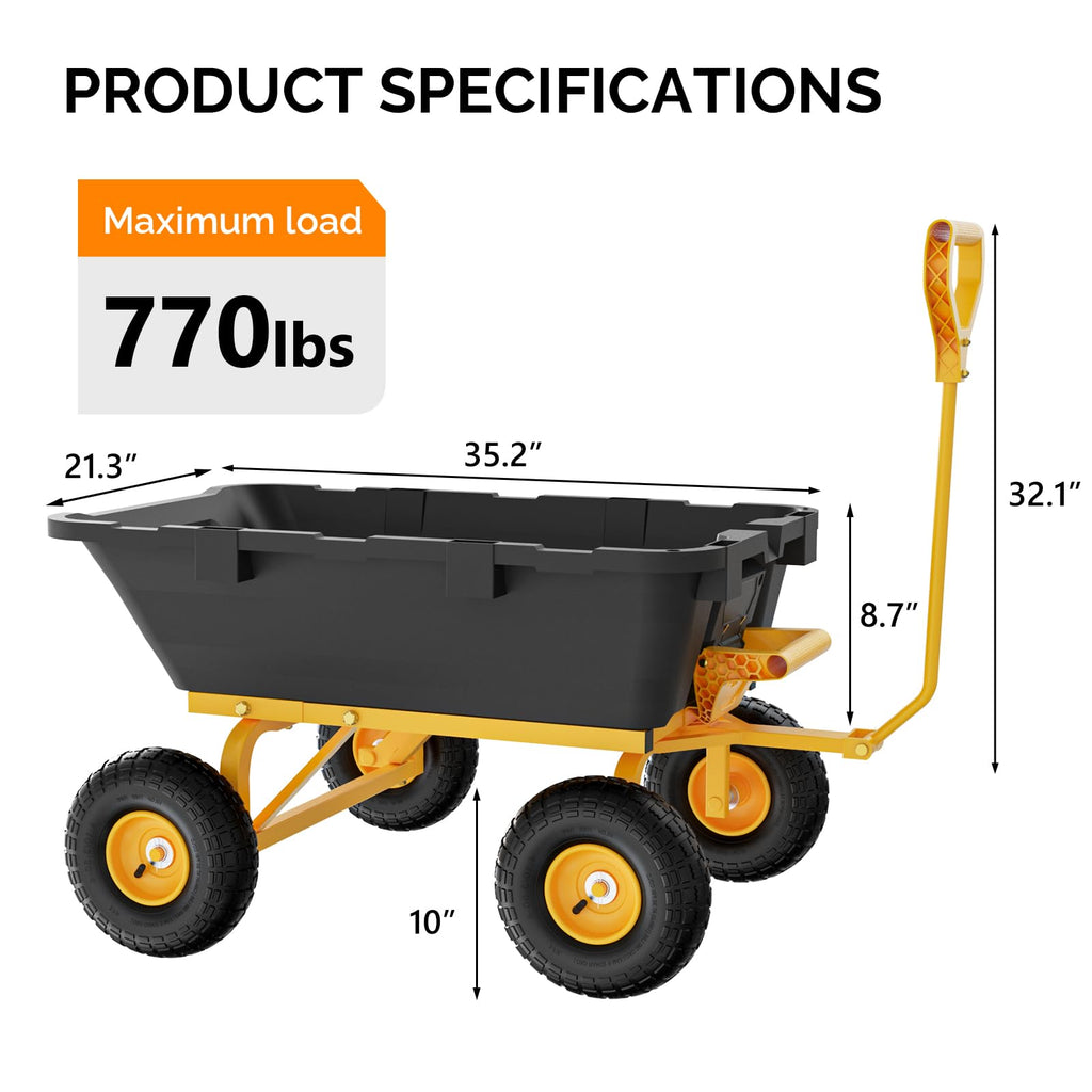 Heavy Duty Dump Cart Wagon, 770LBS Poly Wheelbarrow, 10in All-Terrain Pneumatic Tires D7496