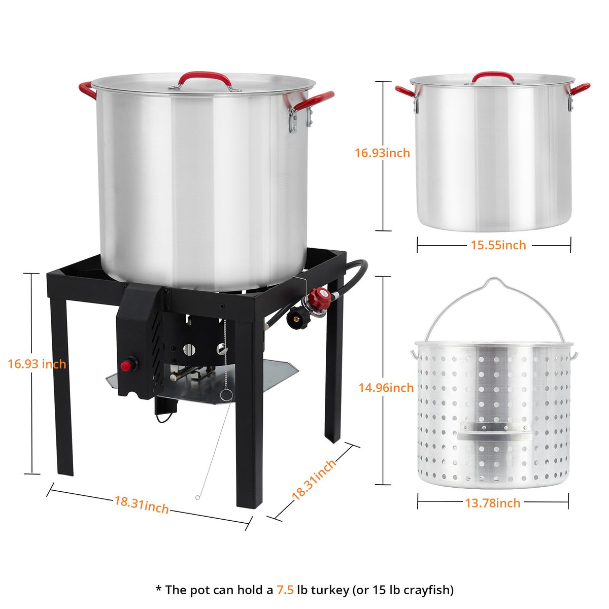 60QT Aluminum Seafood Boil Pot with Strainer Basket and Propane Burner V324