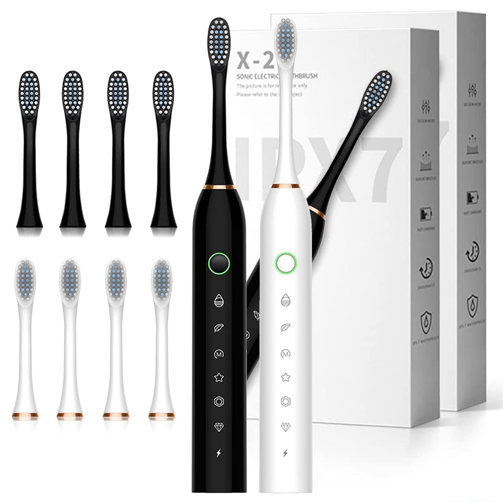 Black White 2 Pack Electric Toothbrush with 8 Brush Heads D9565