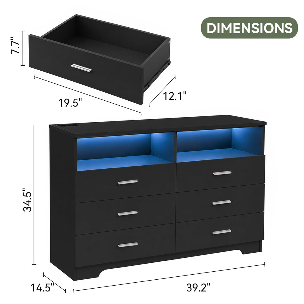 Black 6 Drawer Wood Dresser with Power Outlets V751