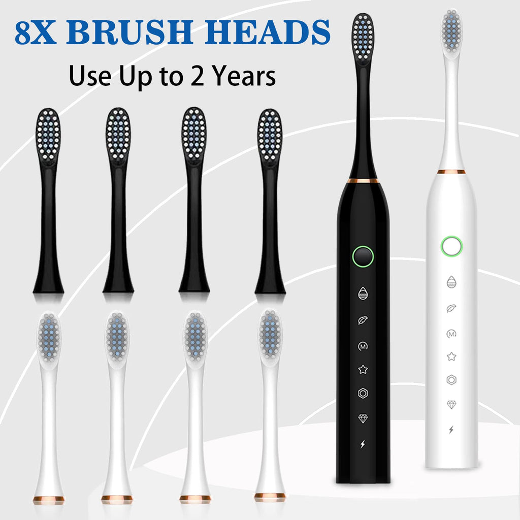Black White 2 Pack Electric Toothbrush with 8 Brush Heads D9565