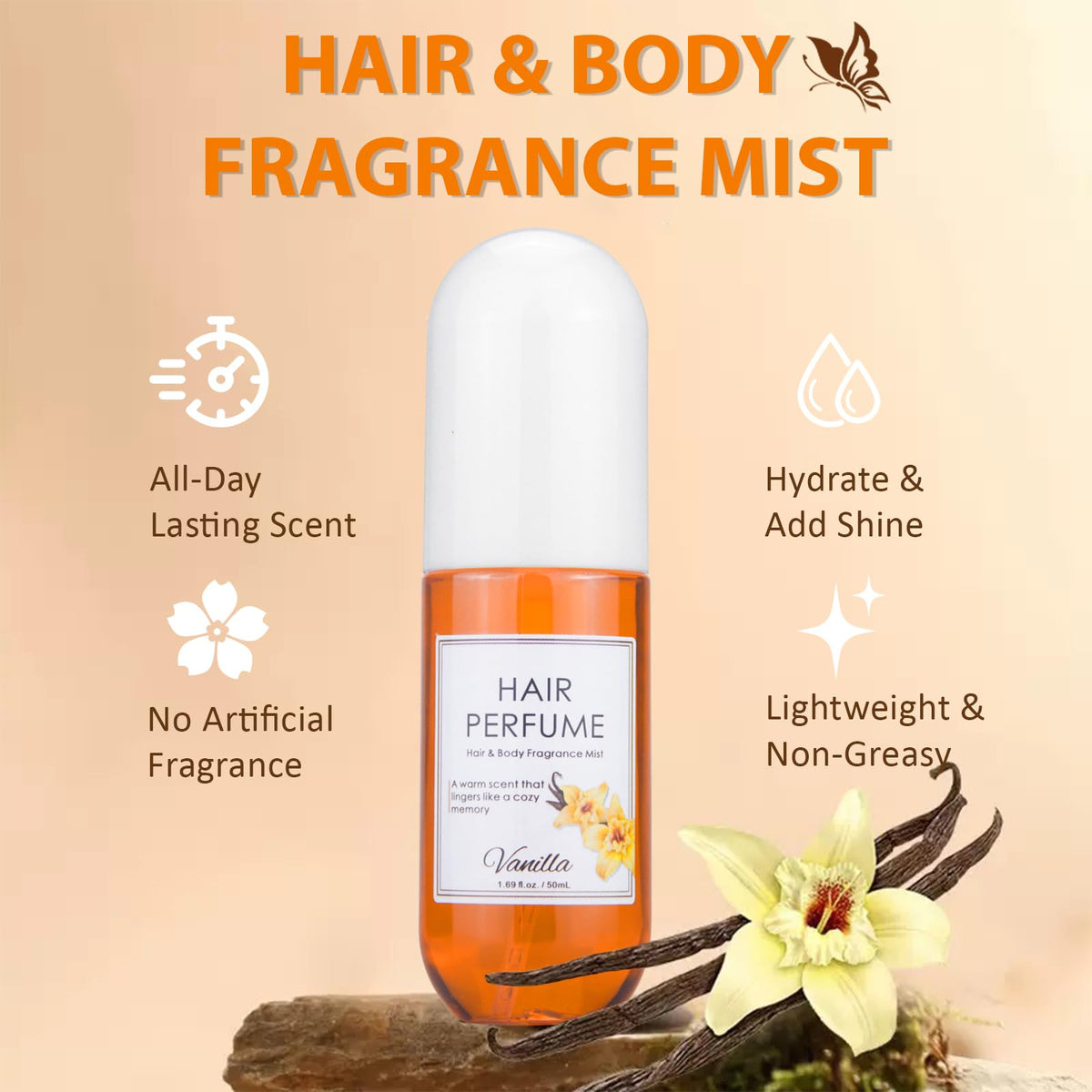 Vanilla Hair & Body Perfume Spray, Alcohol-Free, 1.7 Oz U31979