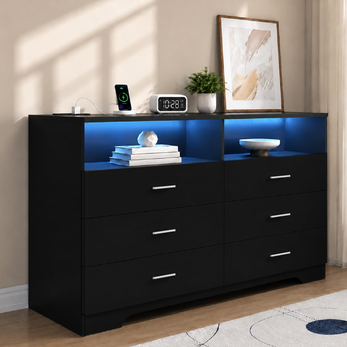 Black 6 Drawer Wood Dresser with Power Outlets V751