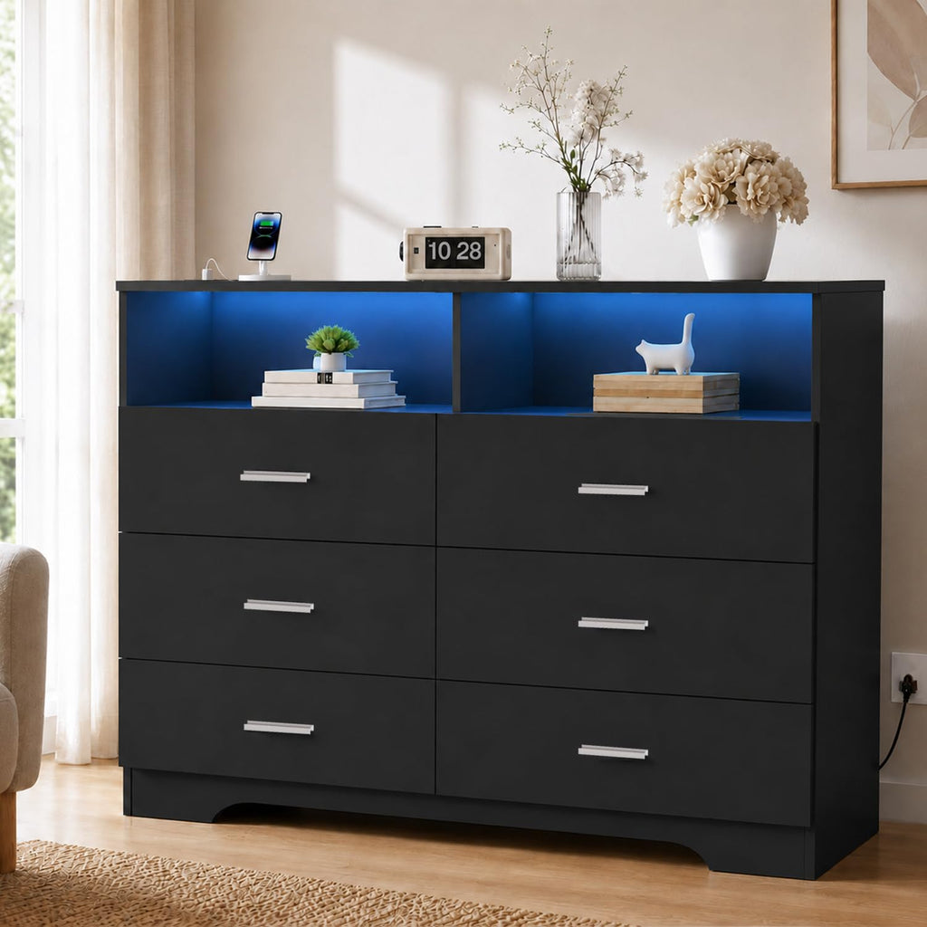 Black 6 Drawer Wood Dresser with Power Outlets V751