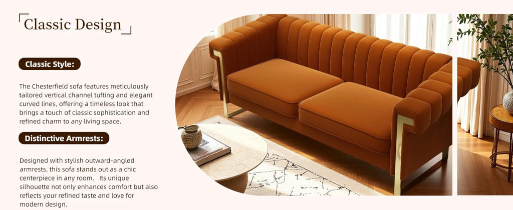 Orange Velvet 3 Seater Sofa with Gold Metal Legs R53149