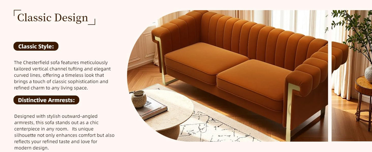 Orange Velvet 3 Seater Sofa with Gold Metal Legs R53149