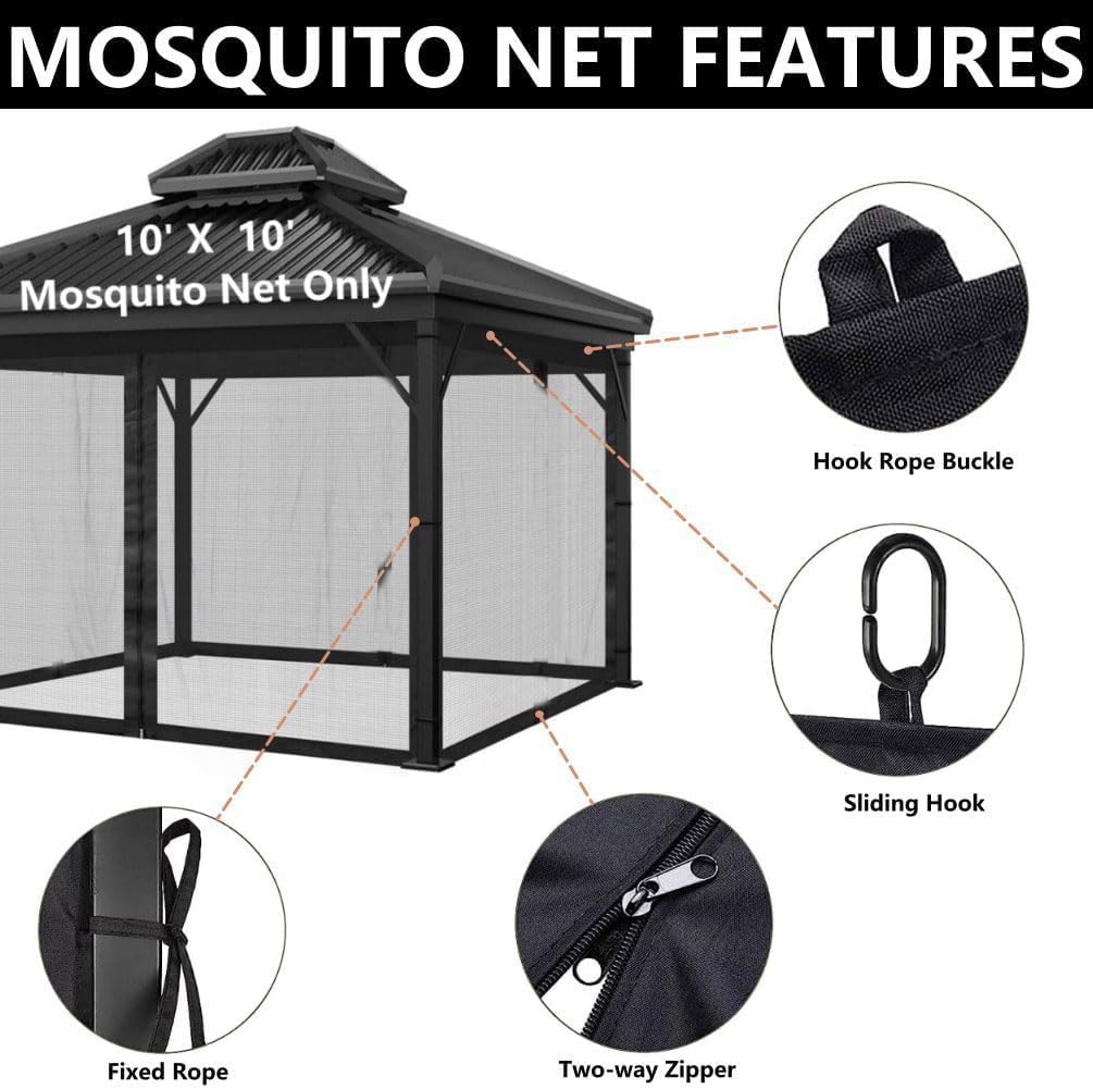 Mosquito Net 4-Panel Canopy Screen Wall with Zipper for 10 x 10' Gazebo Q73234