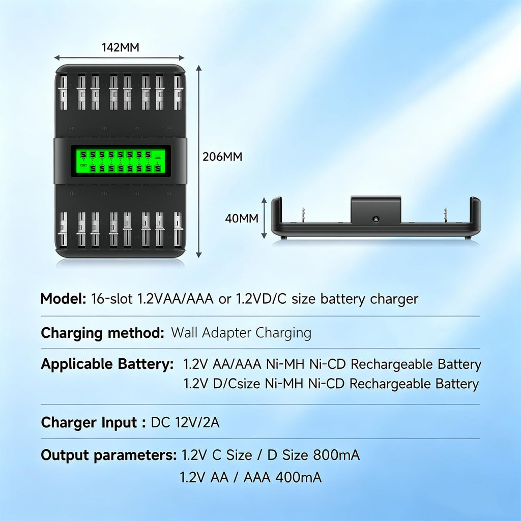 16 Bay AA AAA C D NiMH Battery Charger with LCD Display O59184
