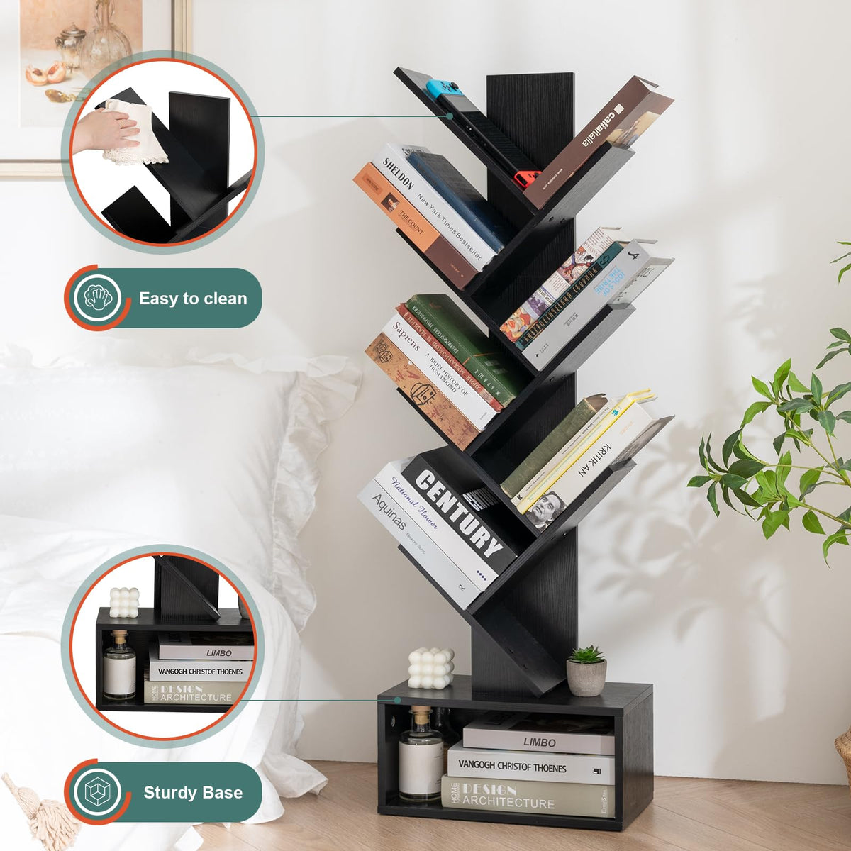 Black 6 Tier Wood Tree Bookshelf M206