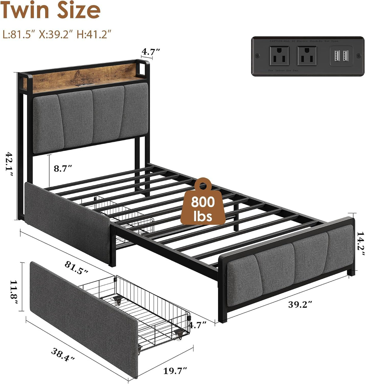 Twin Size Bed Frame with Storage Drawers and Charging Station C9780