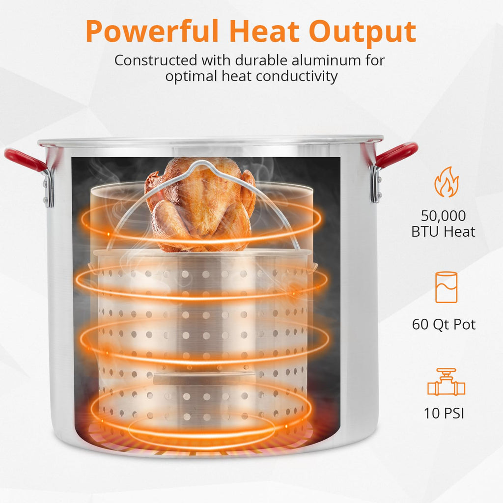 60QT Aluminum Seafood Boil Pot with Strainer Basket and Propane Burner V324