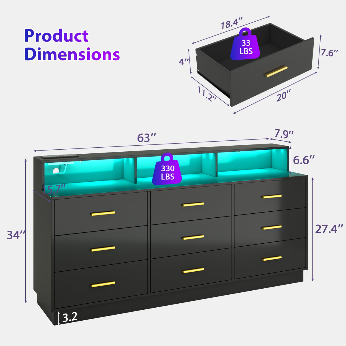 Black 9 Drawer Wood Dresser with LED Light and Power Outlet A422650