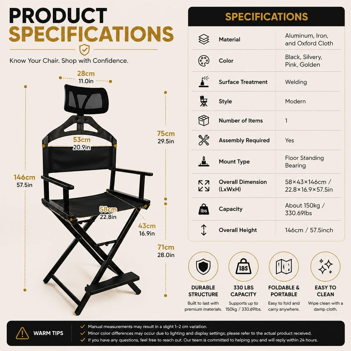 Extra Tall Aluminum Foldable Makeup Artist Chair T882