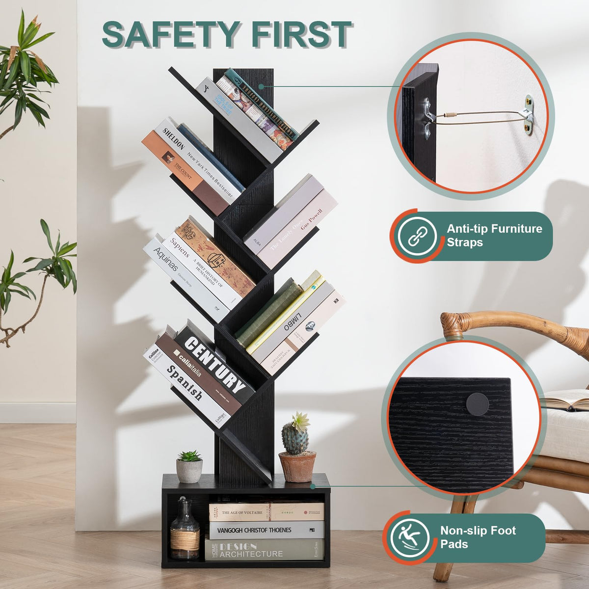 Black 6 Tier Wood Tree Bookshelf M206