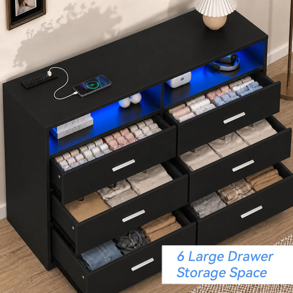Black 6 Drawer Wood Dresser with Power Outlets V751