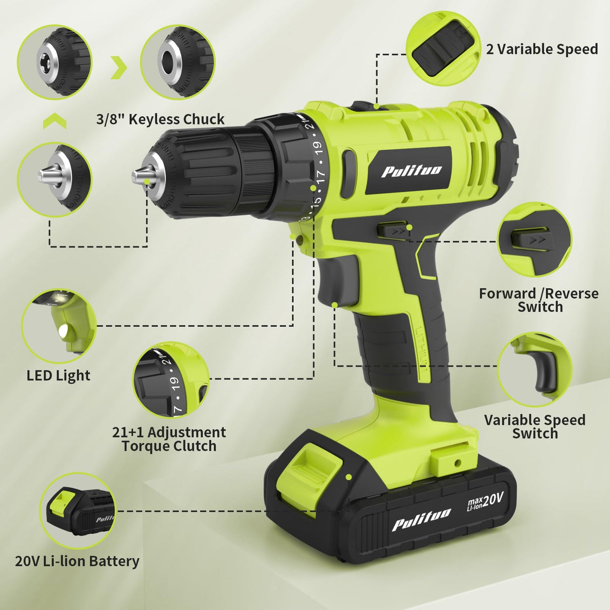 20V Cordless Drill Driver with 2 Batteries T7725