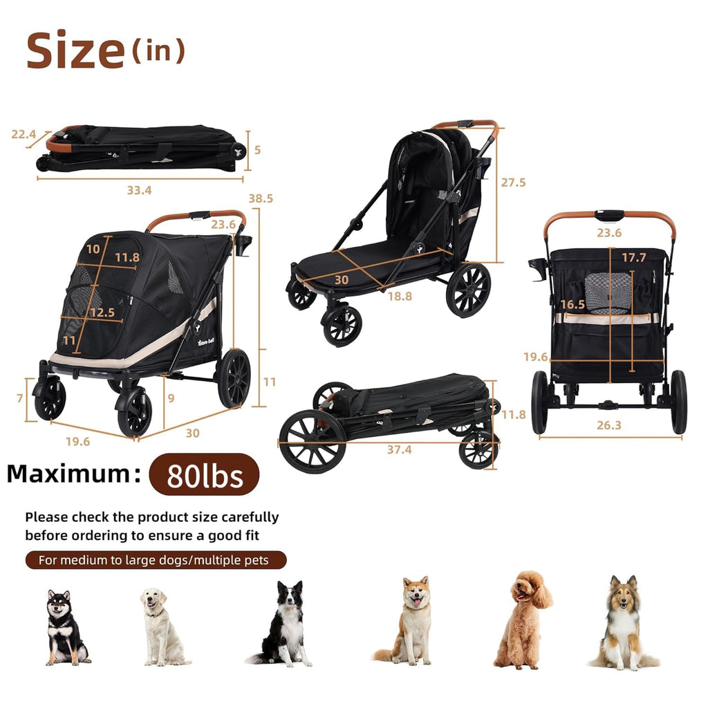 Black Large 4 Wheel Dog Stroller with Storage Pocket Y157512