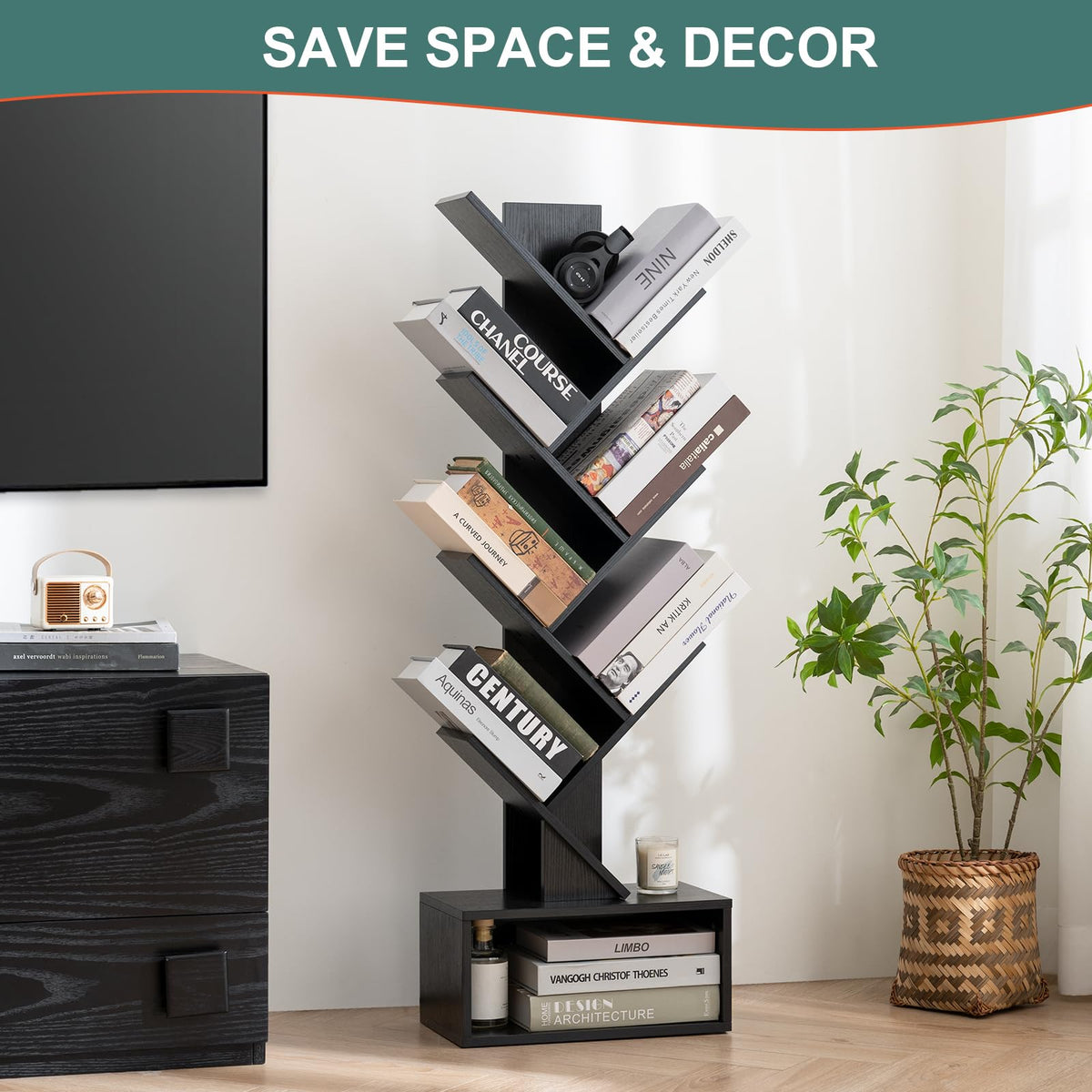 Black 6 Tier Wood Tree Bookshelf M206