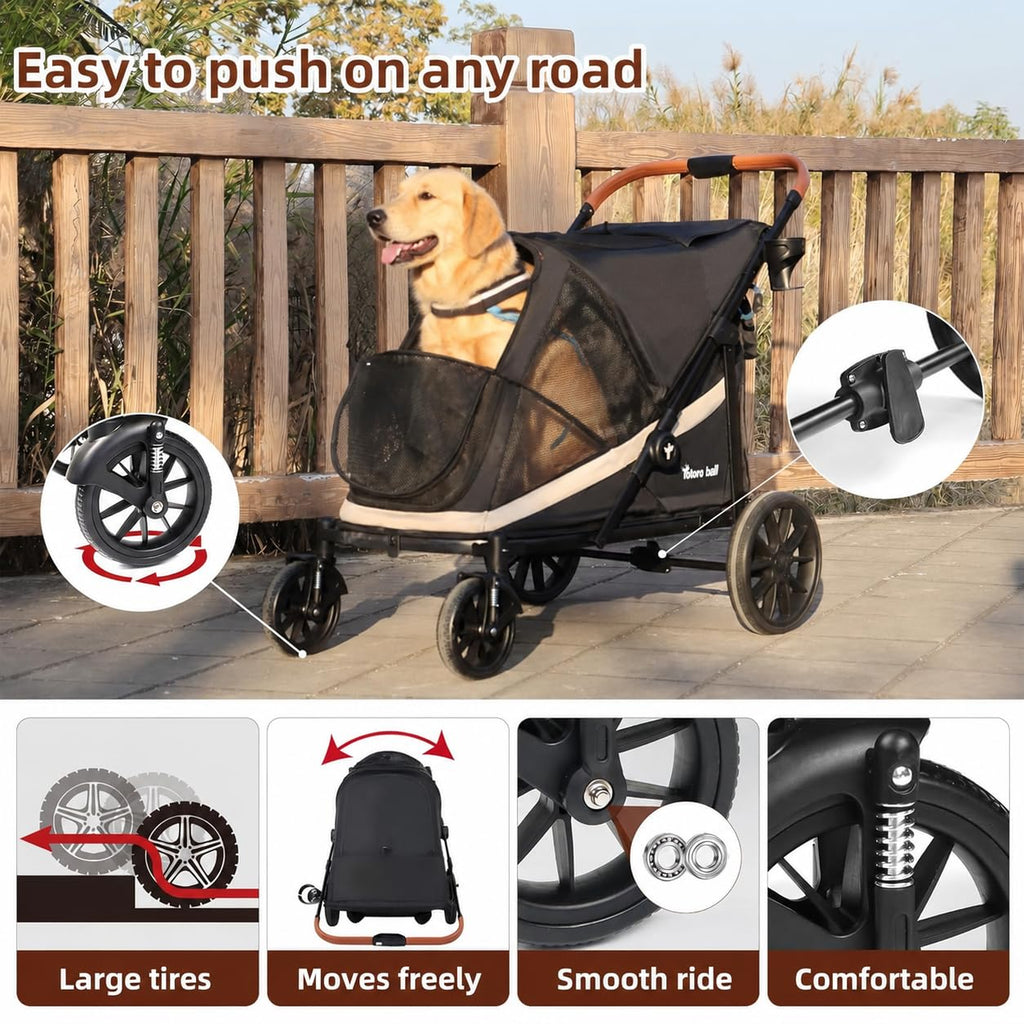 Black Large 4 Wheel Dog Stroller with Storage Pocket Y157512