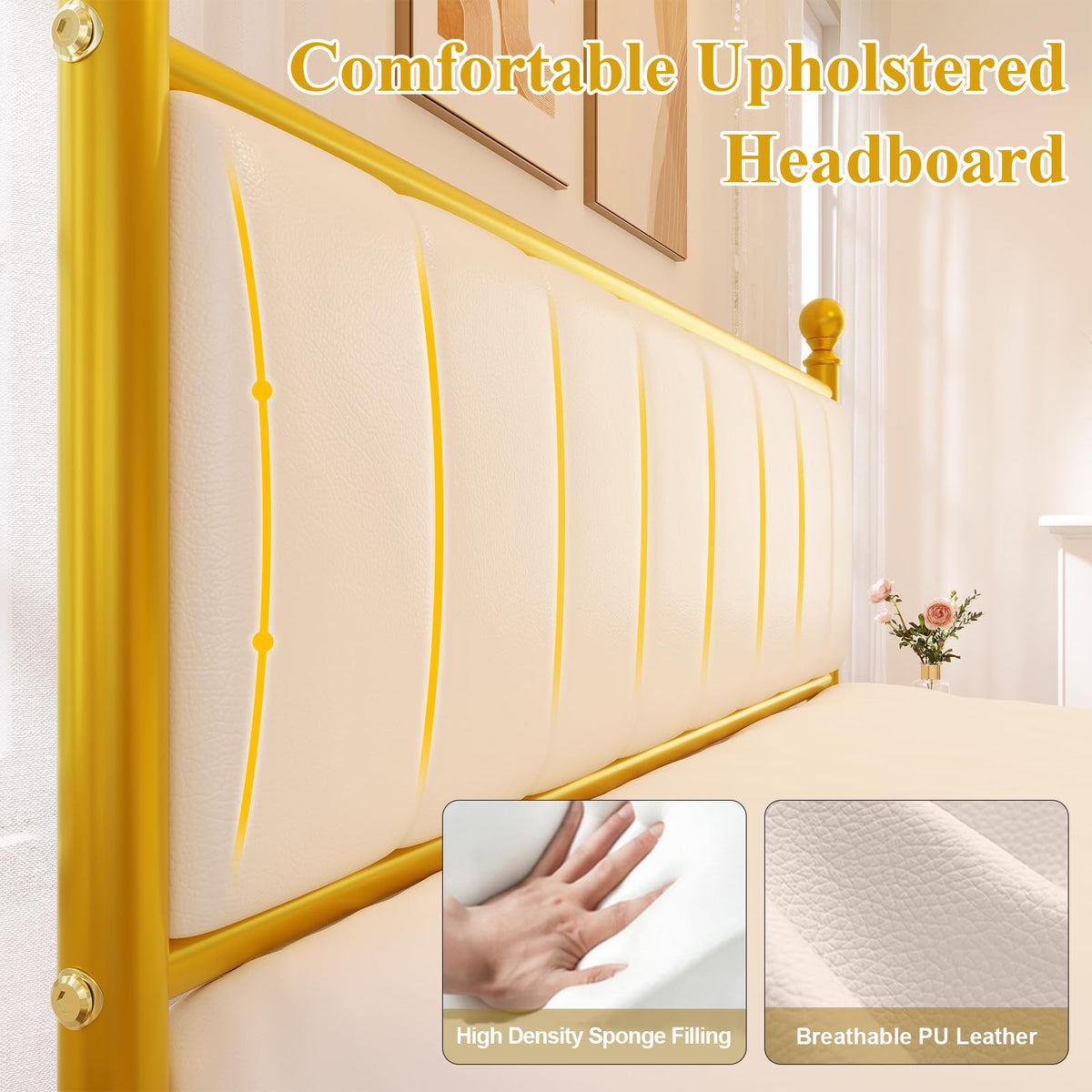 Gold Full Size Bed Frame with Headboard and Under Bed Storage L6333