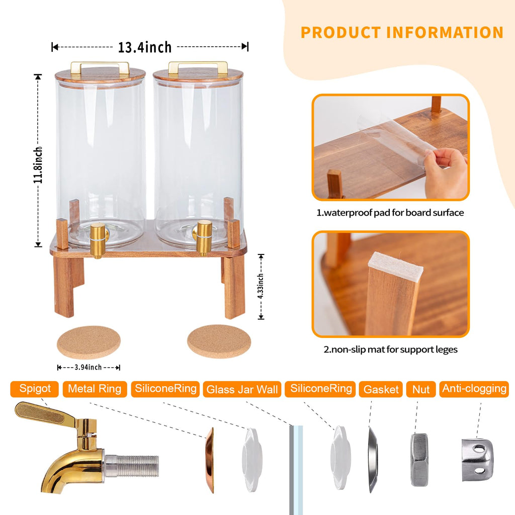 2 Pack 1.5 Gallon Glass Beverage Dispenser with Wooden Lid W438413