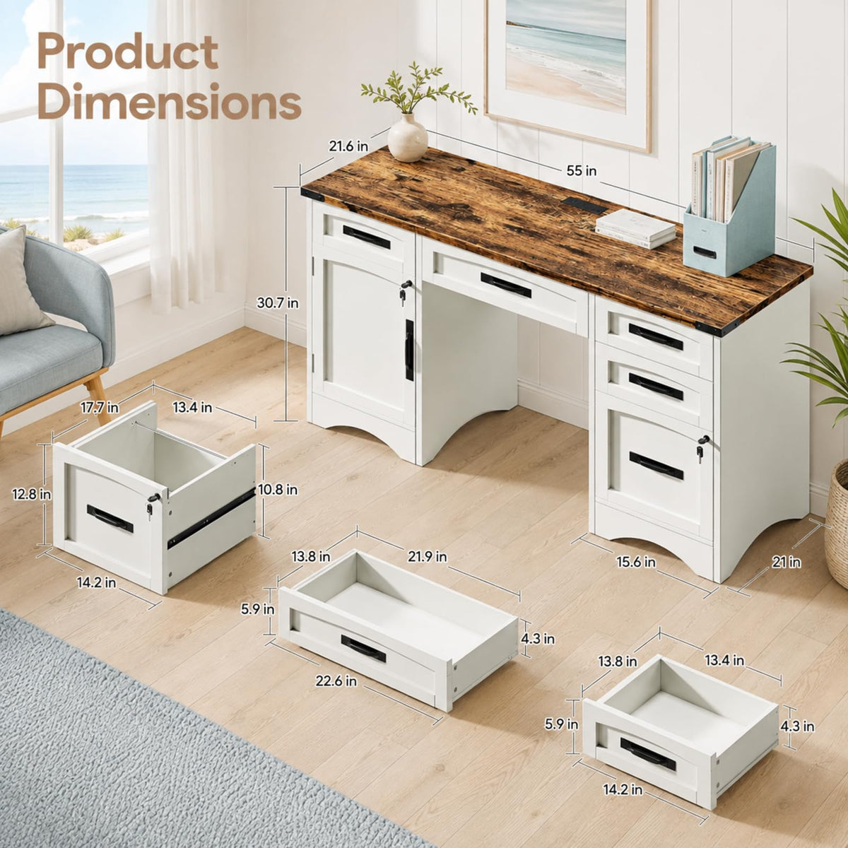 47 Inch Computer Desk with Hutch and 4 Drawers S1630