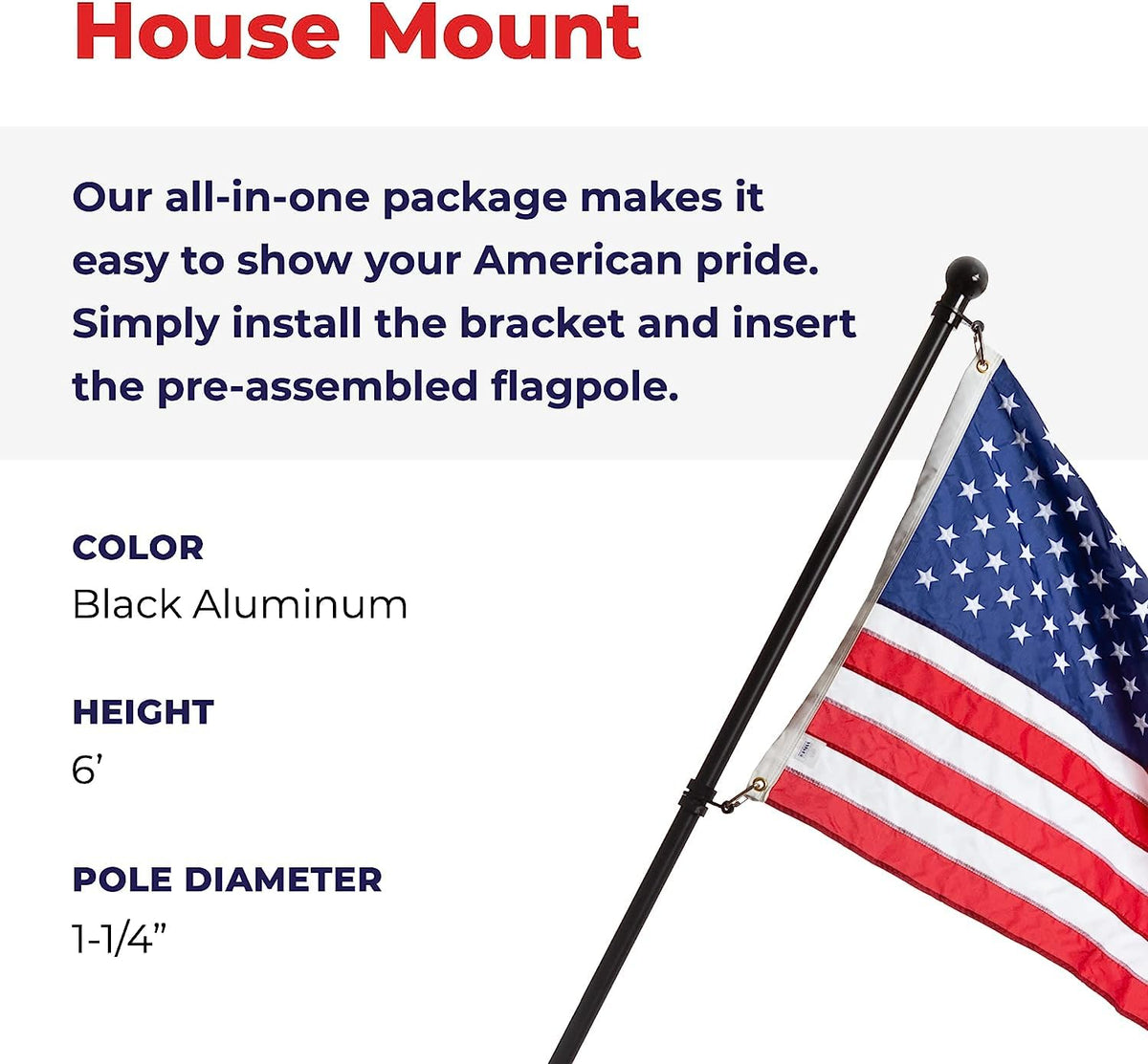 6' Black Aluminum Flagpole with American Flag and Mounting Bracket R349