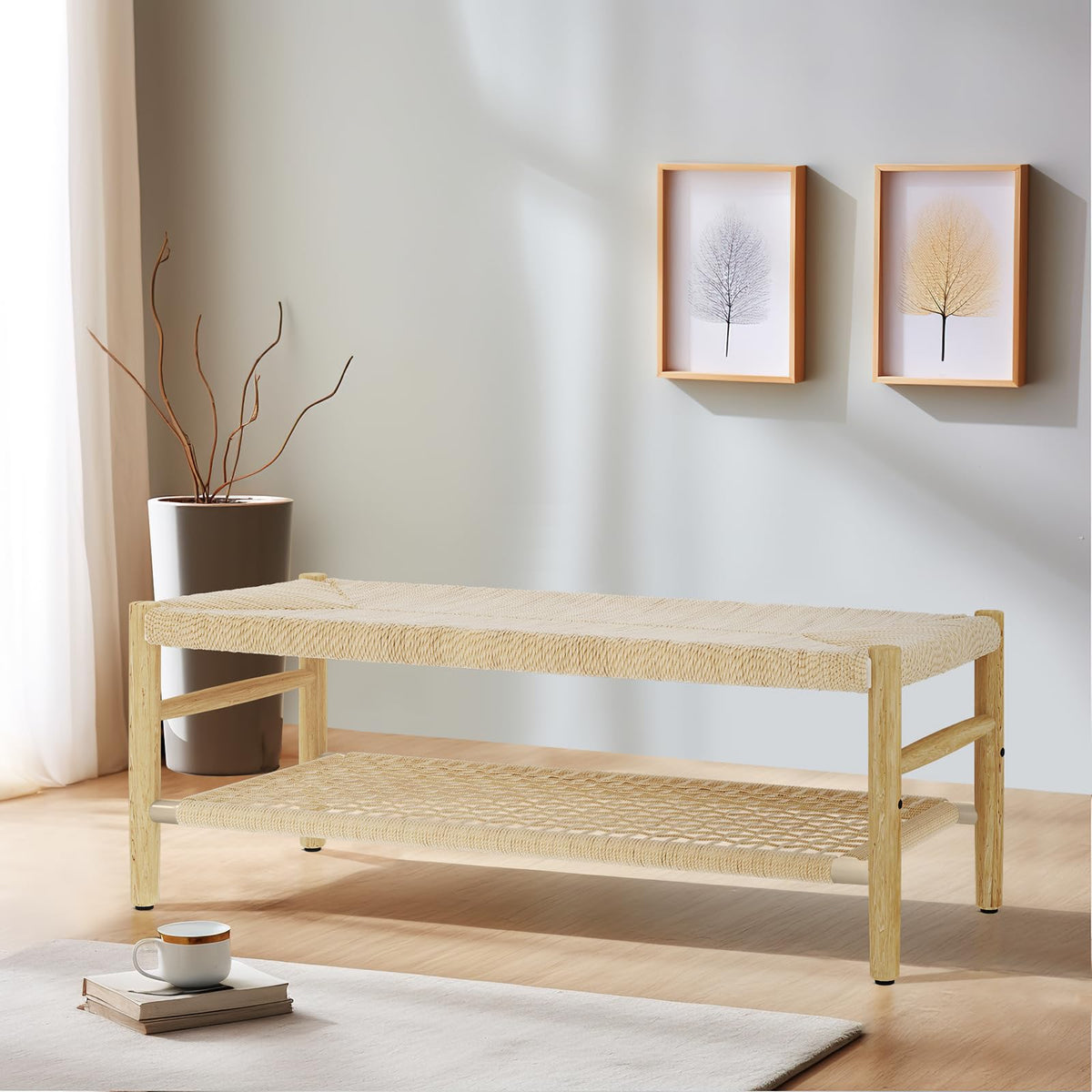 Indoor Entryway Bench with Storage Rack and Rubber Wood Legs C19273