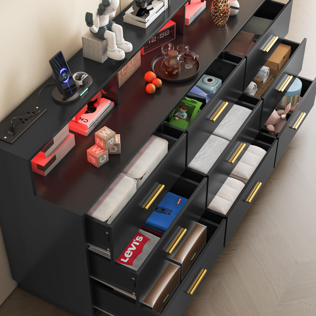Black 9 Drawer Wood Dresser with LED Light and Power Outlet A422650