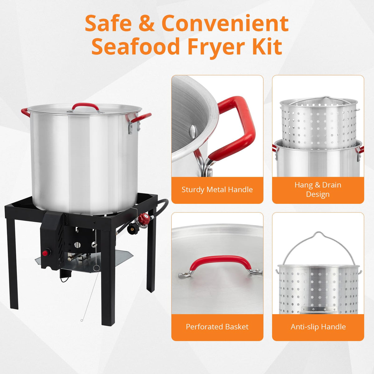 60QT Aluminum Seafood Boil Pot with Strainer Basket and Propane Burner V324