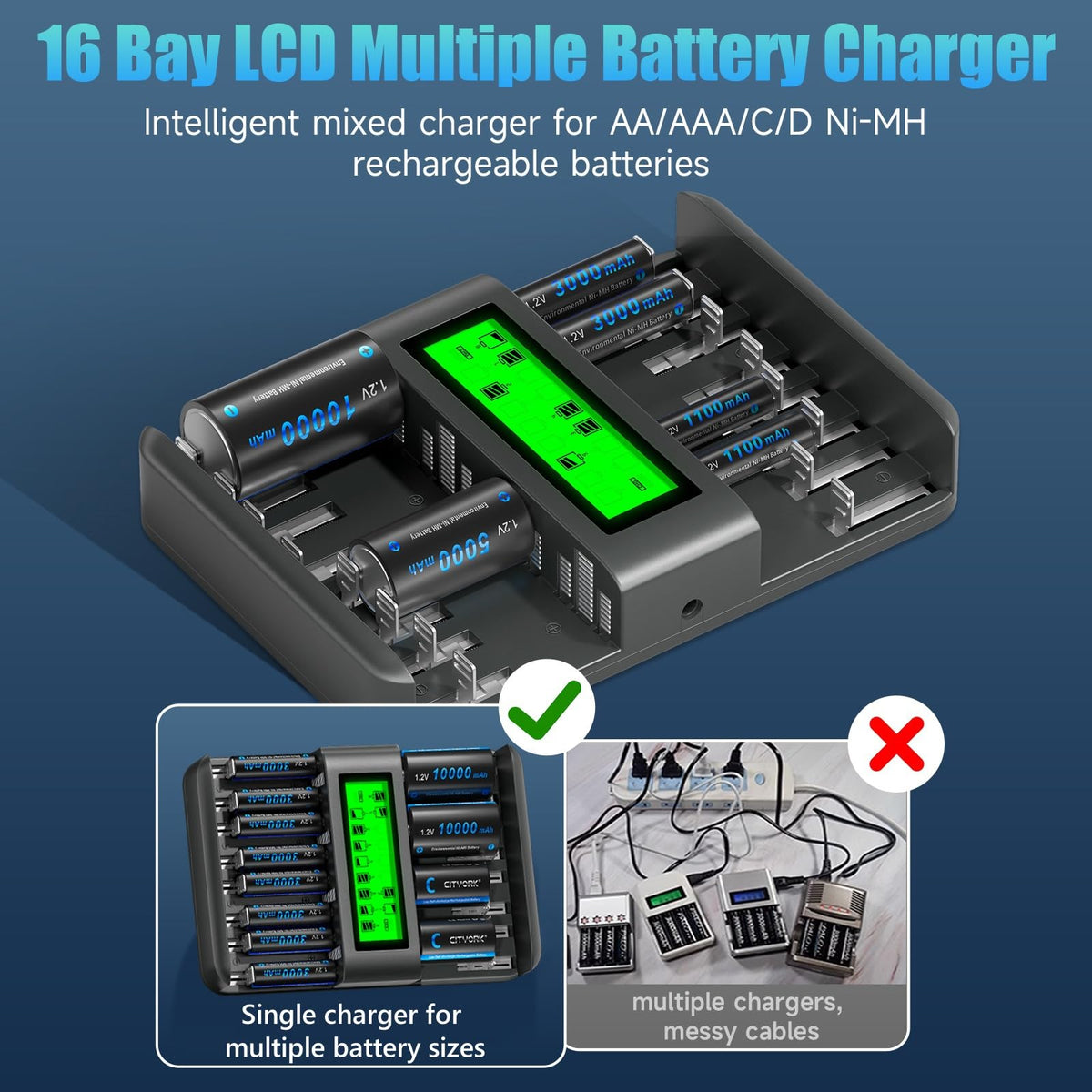 16 Bay AA AAA C D NiMH Battery Charger with LCD Display O59184