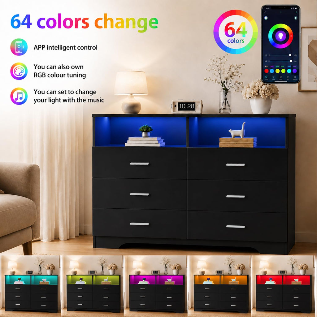 Black 6 Drawer Wood Dresser with Power Outlets V751