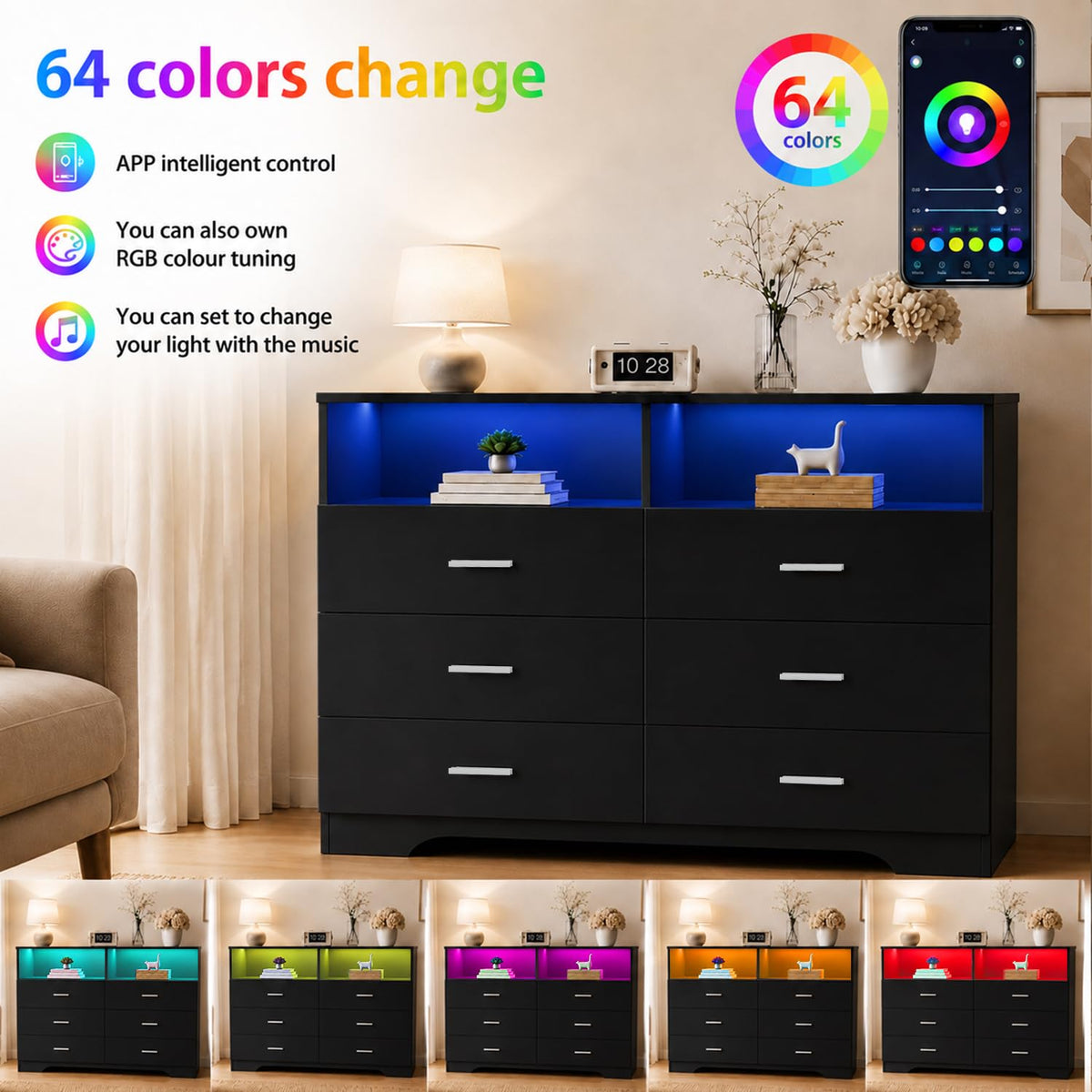 Black 6 Drawer Wood Dresser with Power Outlets V751
