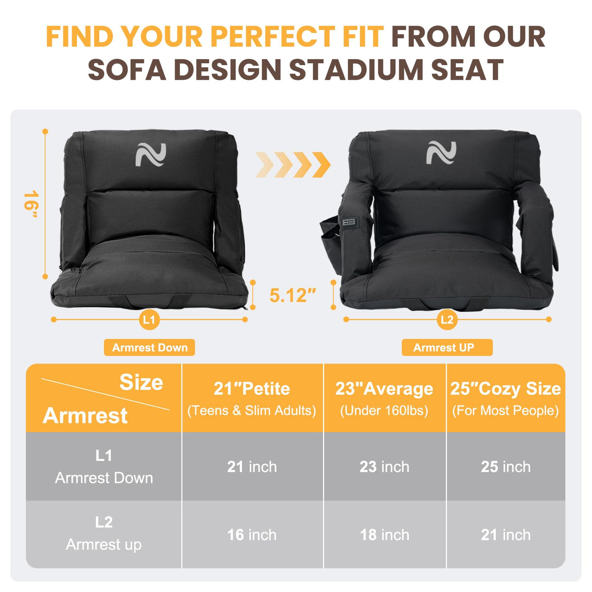 25in Extra Wide Thick Heated Stadium Seats with Back Support T9549