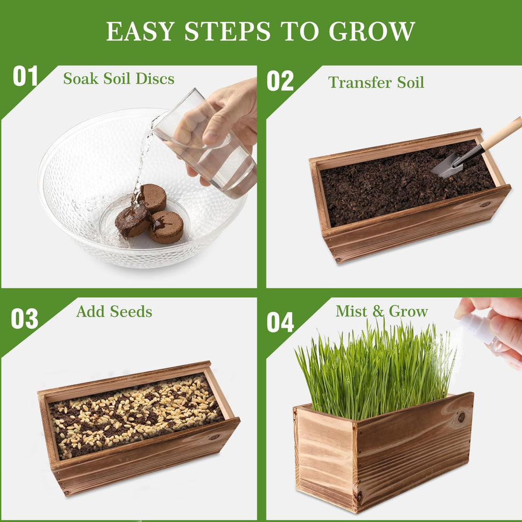 Non-GMO Wheatgrass Cat Grass Kit with Wood Planter Soil & Tools 17-Piece Set N57816