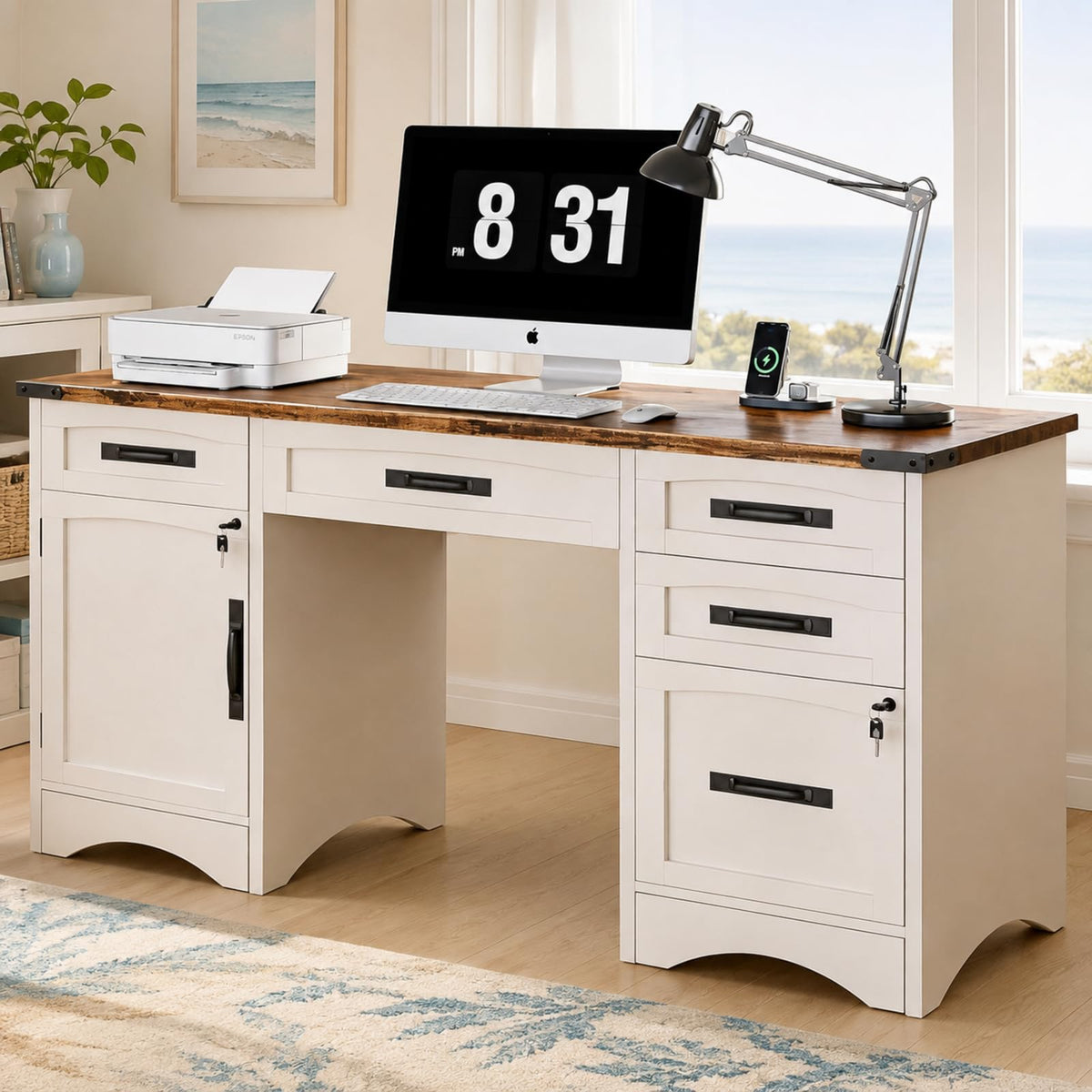 47 Inch Computer Desk with Hutch and 4 Drawers S1630