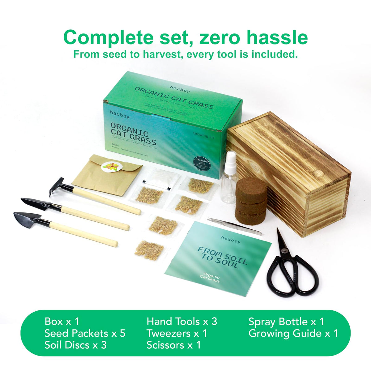 Non-GMO Wheatgrass Cat Grass Kit with Wood Planter Soil & Tools 17-Piece Set N57816