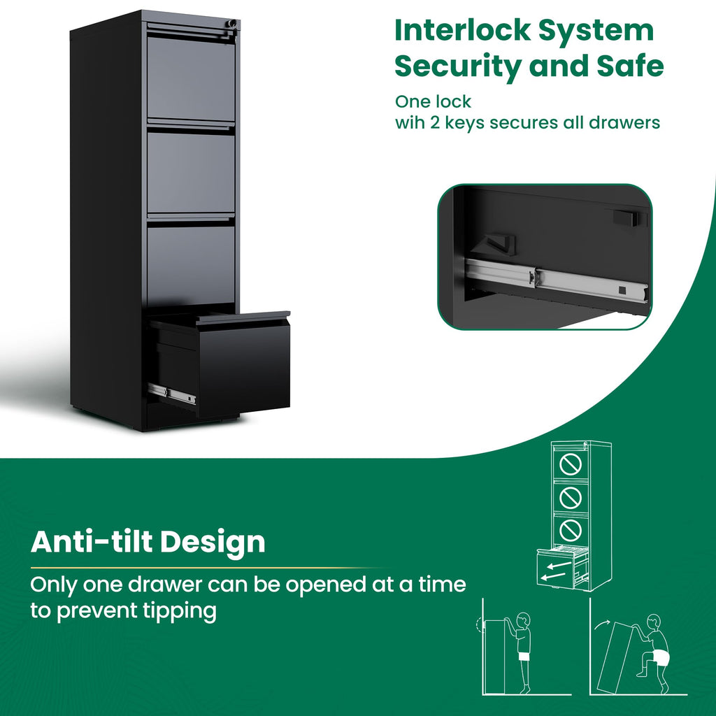 Black 4 Drawer Metal File Cabinet with Lock B601433