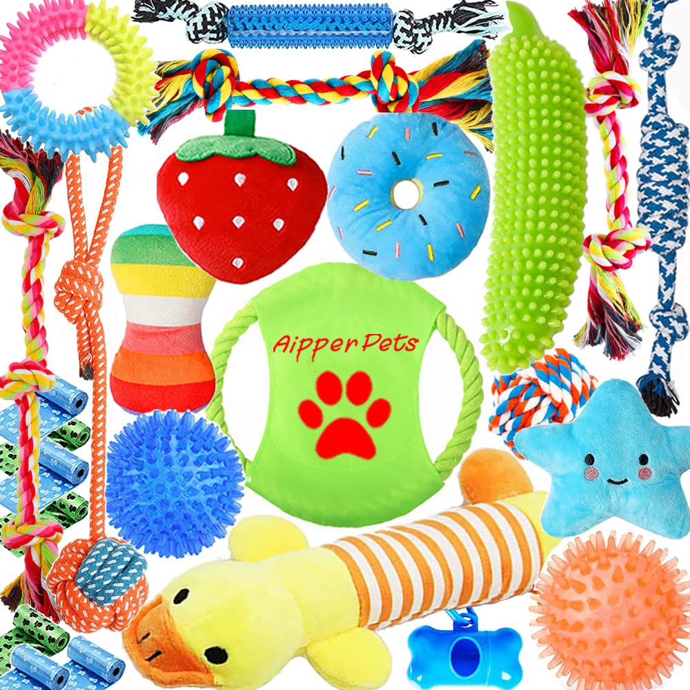 25 Pack Puppy Chew Toys with Squeak Plush Rope Toys J3107