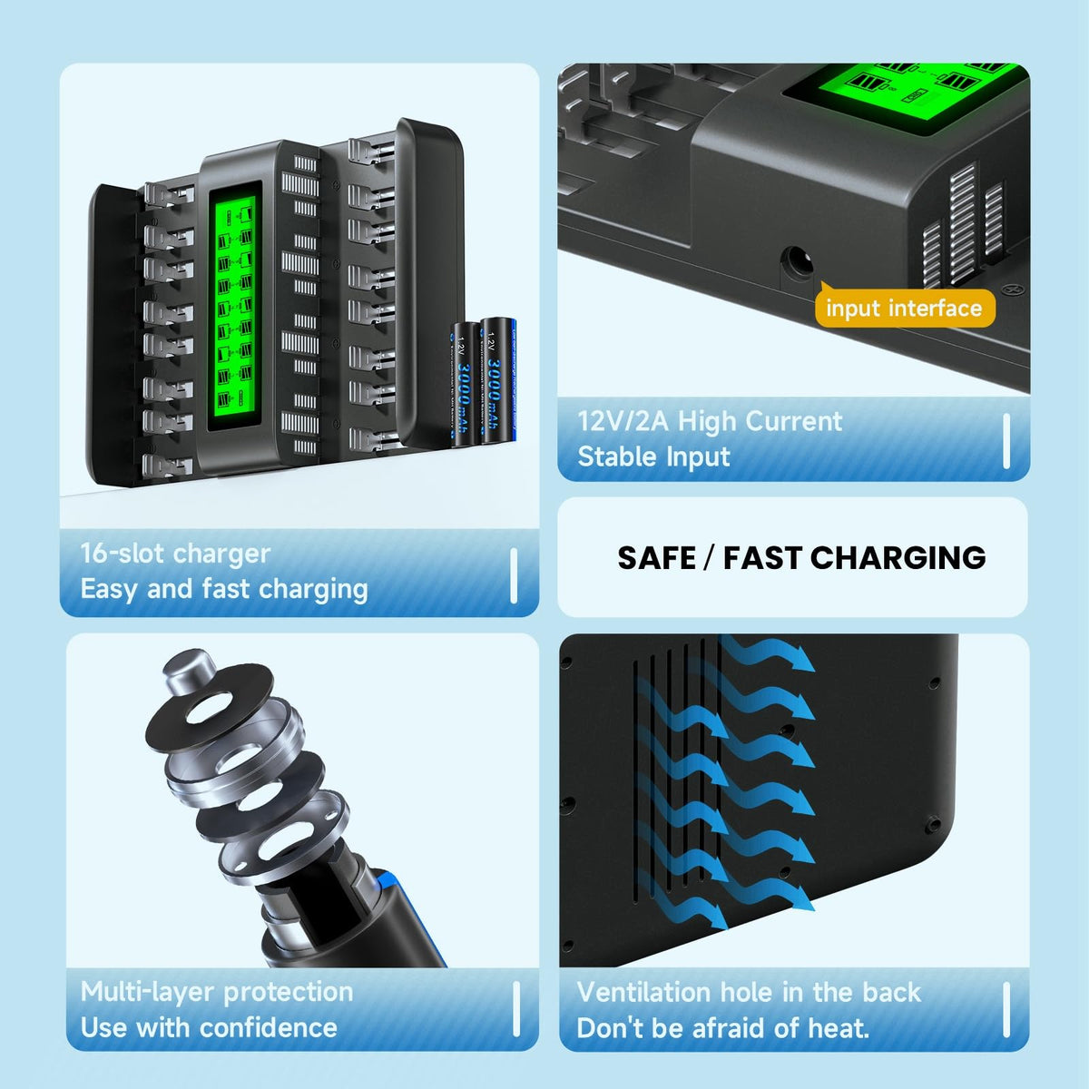 16 Bay AA AAA C D NiMH Battery Charger with LCD Display O59184