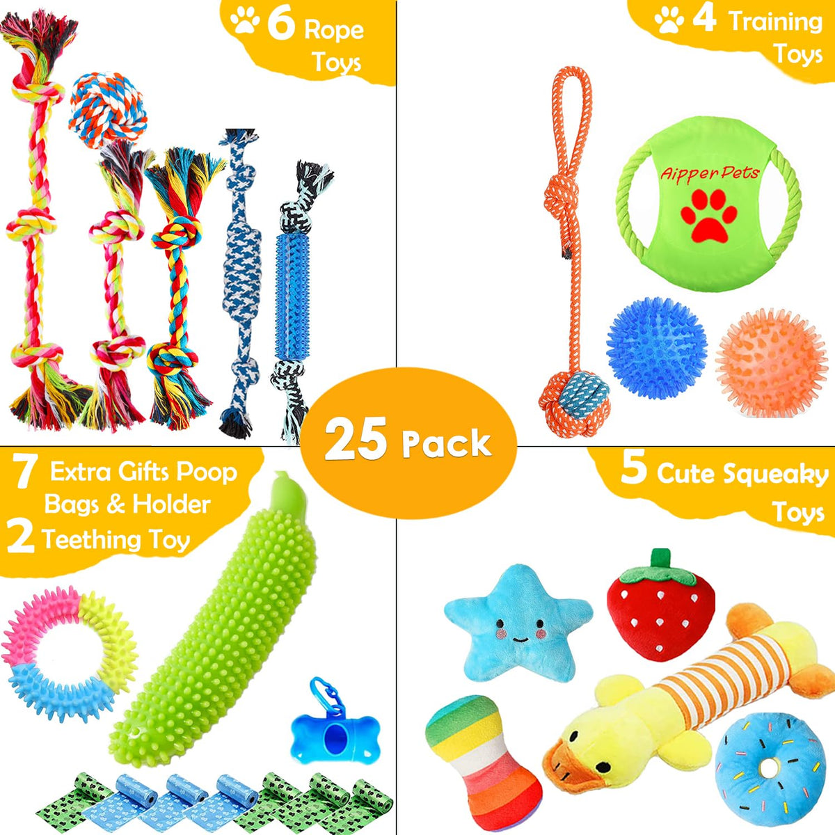 25 Pack Puppy Chew Toys with Squeak Plush Rope Toys J3107