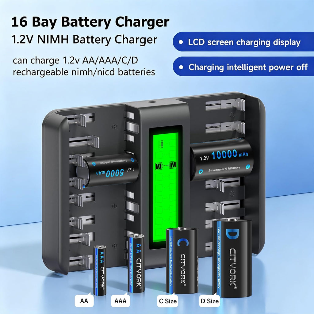 16 Bay AA AAA C D NiMH Battery Charger with LCD Display O59184