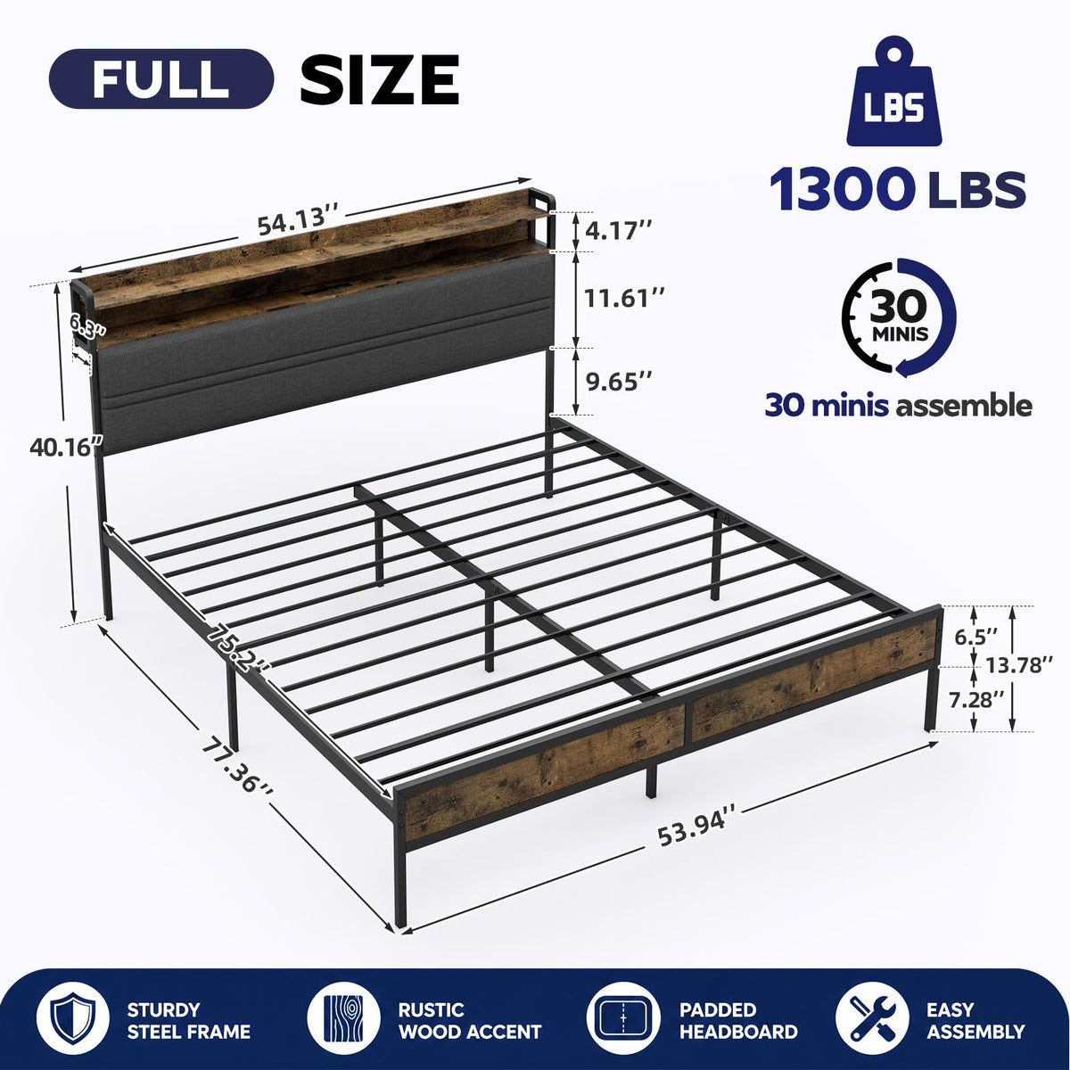 Full Bed Frame with LED Light Storage Headboard and Charging Station M336878