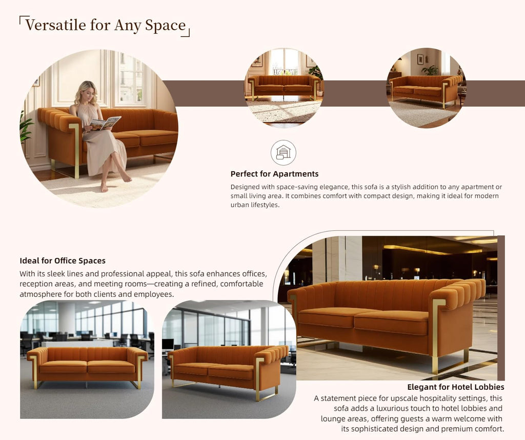 Orange Velvet 3 Seater Sofa with Gold Metal Legs R53149
